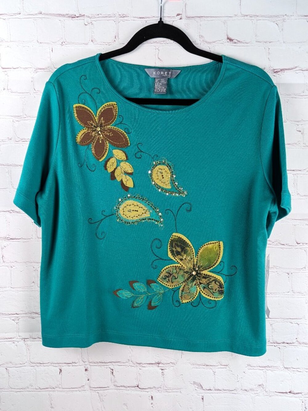 NEW Koret Dark Blue/Green Floral Embroidered Top PL